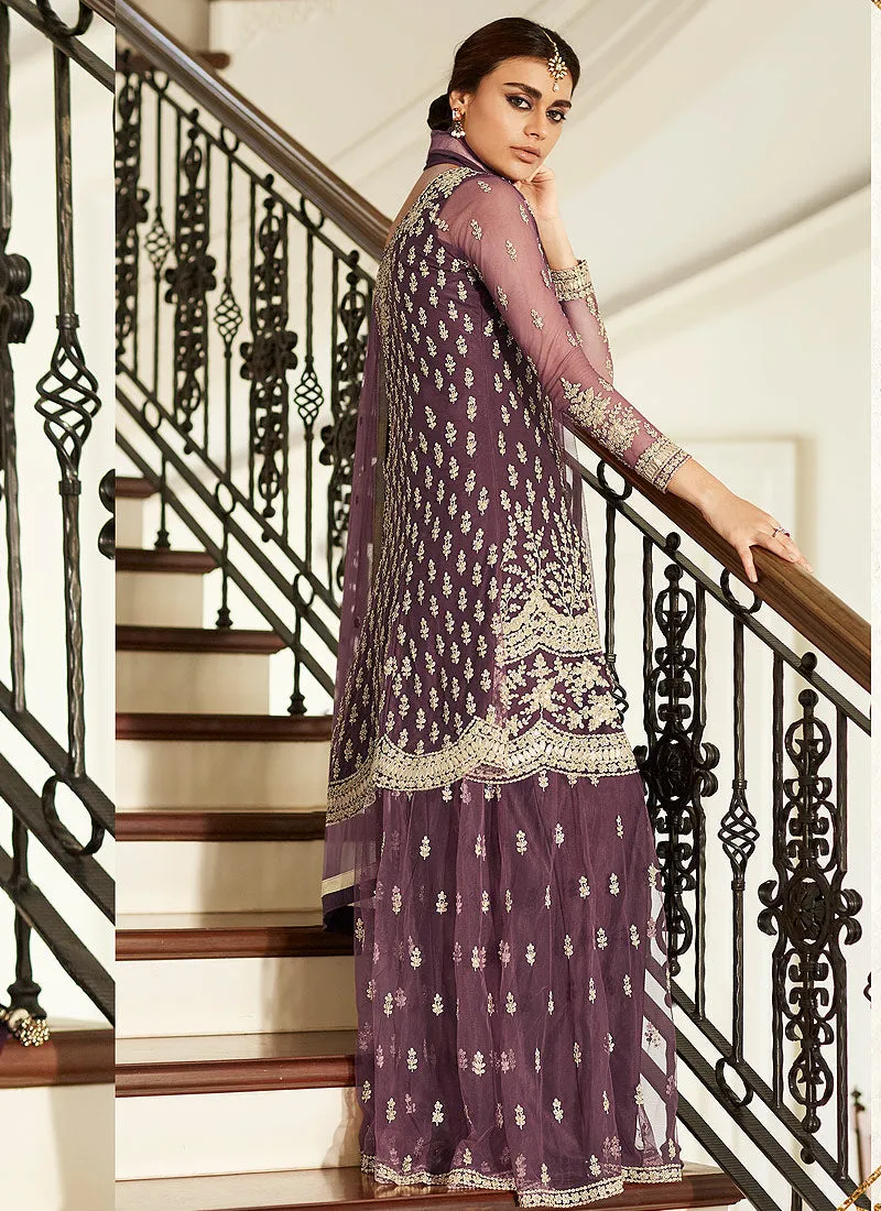 Deep Purple Golden Embroidered Designer Gharara Suit