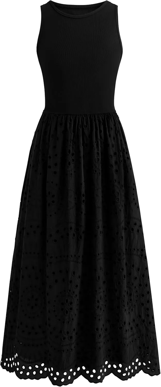 dowerme Women Summer Dresses 2025 Casual Sleeveless Crewneck A-Line Boho Lace Eyelet Cotton Tank Maxi Dress with Pockets