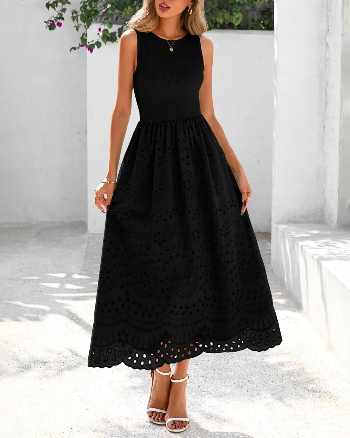 dowerme Women Summer Dresses 2025 Casual Sleeveless Crewneck A-Line Boho Lace Eyelet Cotton Tank Maxi Dress with Pockets