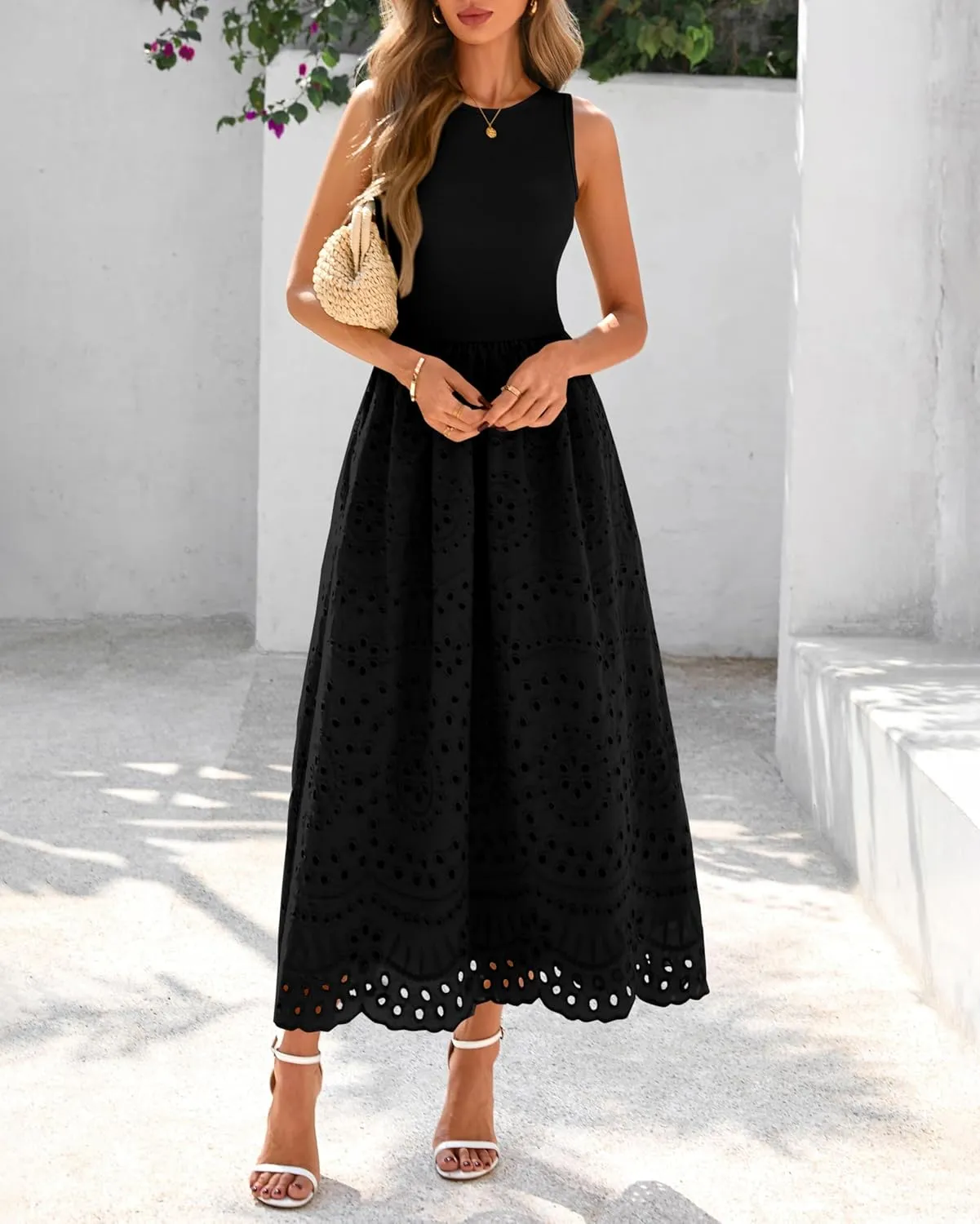 dowerme Women Summer Dresses 2025 Casual Sleeveless Crewneck A-Line Boho Lace Eyelet Cotton Tank Maxi Dress with Pockets
