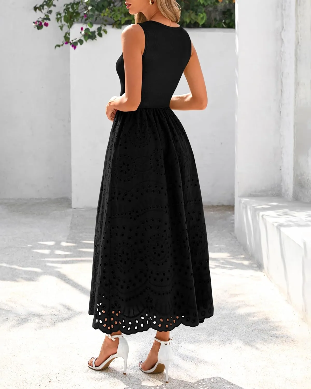 dowerme Women Summer Dresses 2025 Casual Sleeveless Crewneck A-Line Boho Lace Eyelet Cotton Tank Maxi Dress with Pockets