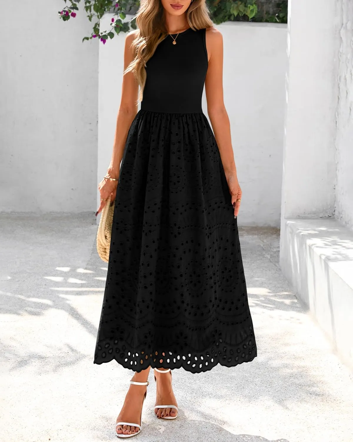 dowerme Women Summer Dresses 2025 Casual Sleeveless Crewneck A-Line Boho Lace Eyelet Cotton Tank Maxi Dress with Pockets