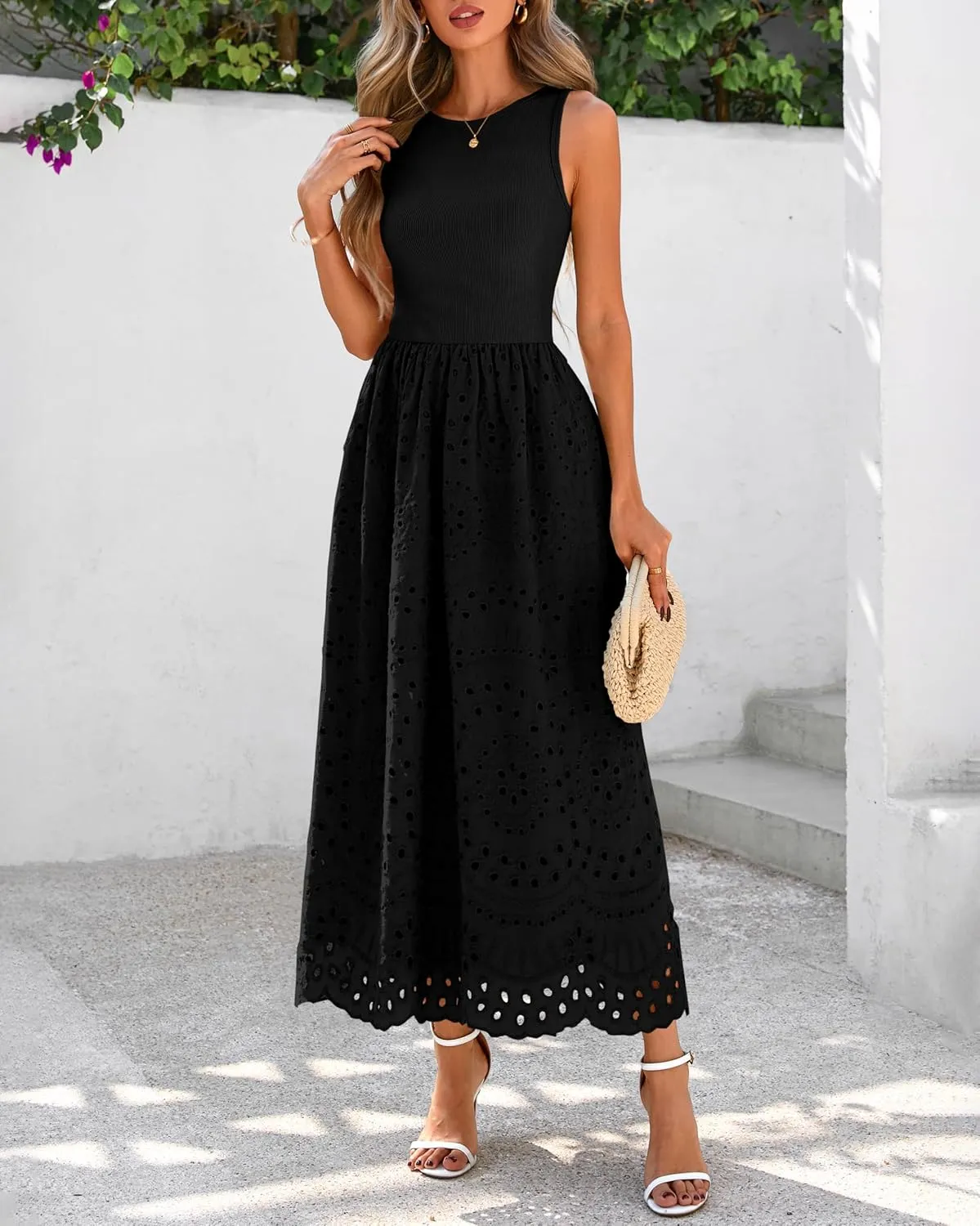 dowerme Women Summer Dresses 2025 Casual Sleeveless Crewneck A-Line Boho Lace Eyelet Cotton Tank Maxi Dress with Pockets