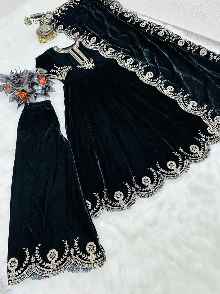 Glamourous Black Color Embroidery Work Anarkali Suit