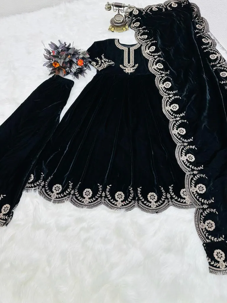 Glamourous Black Color Embroidery Work Anarkali Suit