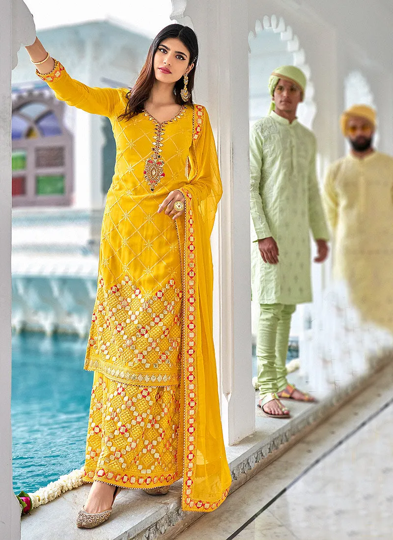 Golden Yellow Multi Embroidered Georgette Gharara Suit