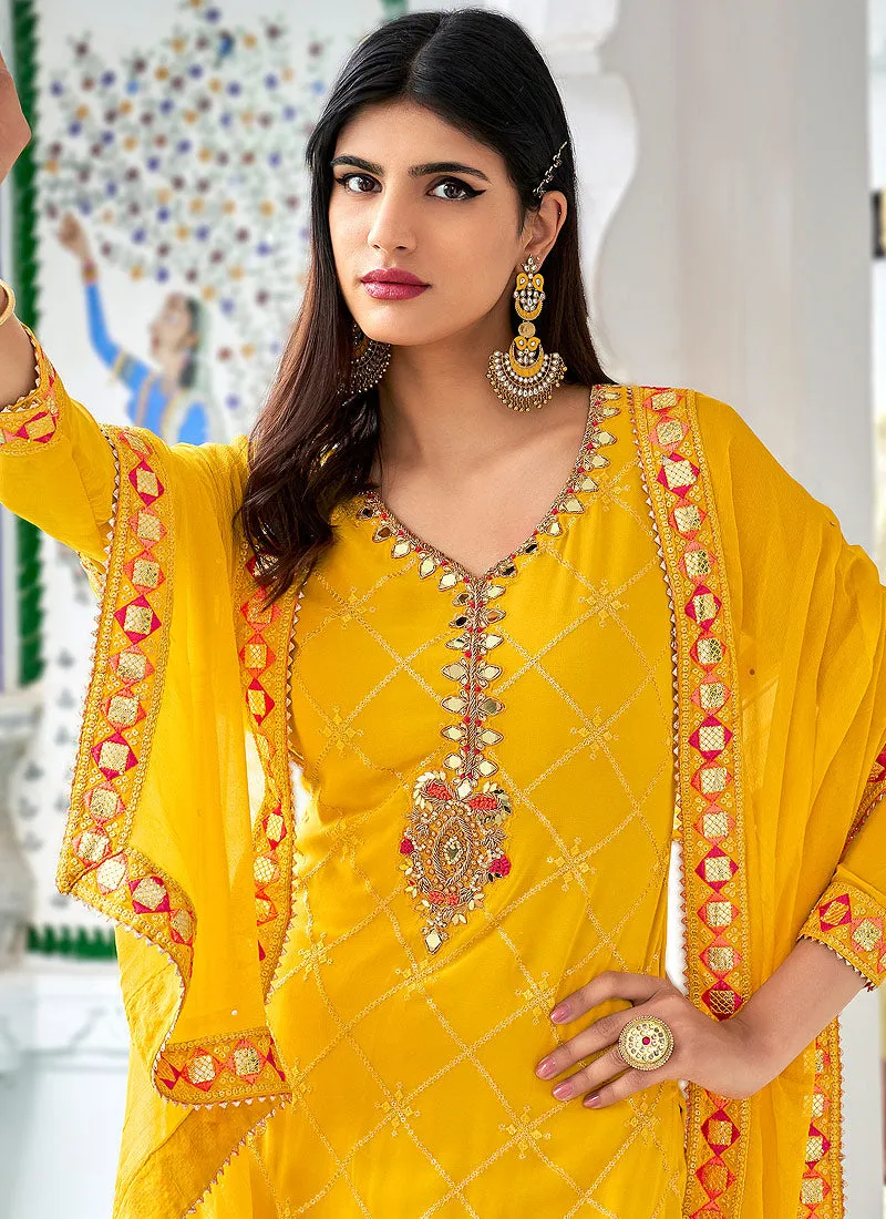 Golden Yellow Multi Embroidered Georgette Gharara Suit