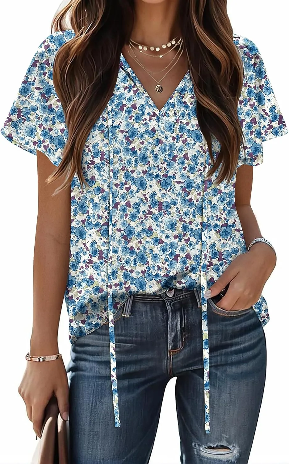 HOTOUCH Women's Casual Short Sleeve Shirts Summer Printed V Neck Blouses Drawstring Ruffled Boho T Shirt Flowy Tunic