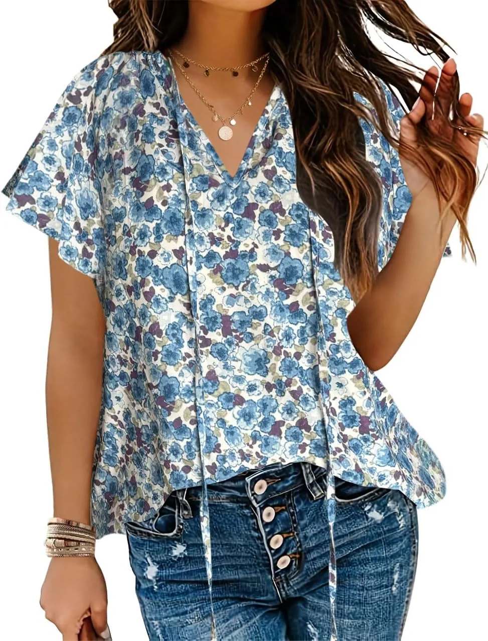 HOTOUCH Women's Casual Short Sleeve Shirts Summer Printed V Neck Blouses Drawstring Ruffled Boho T Shirt Flowy Tunic