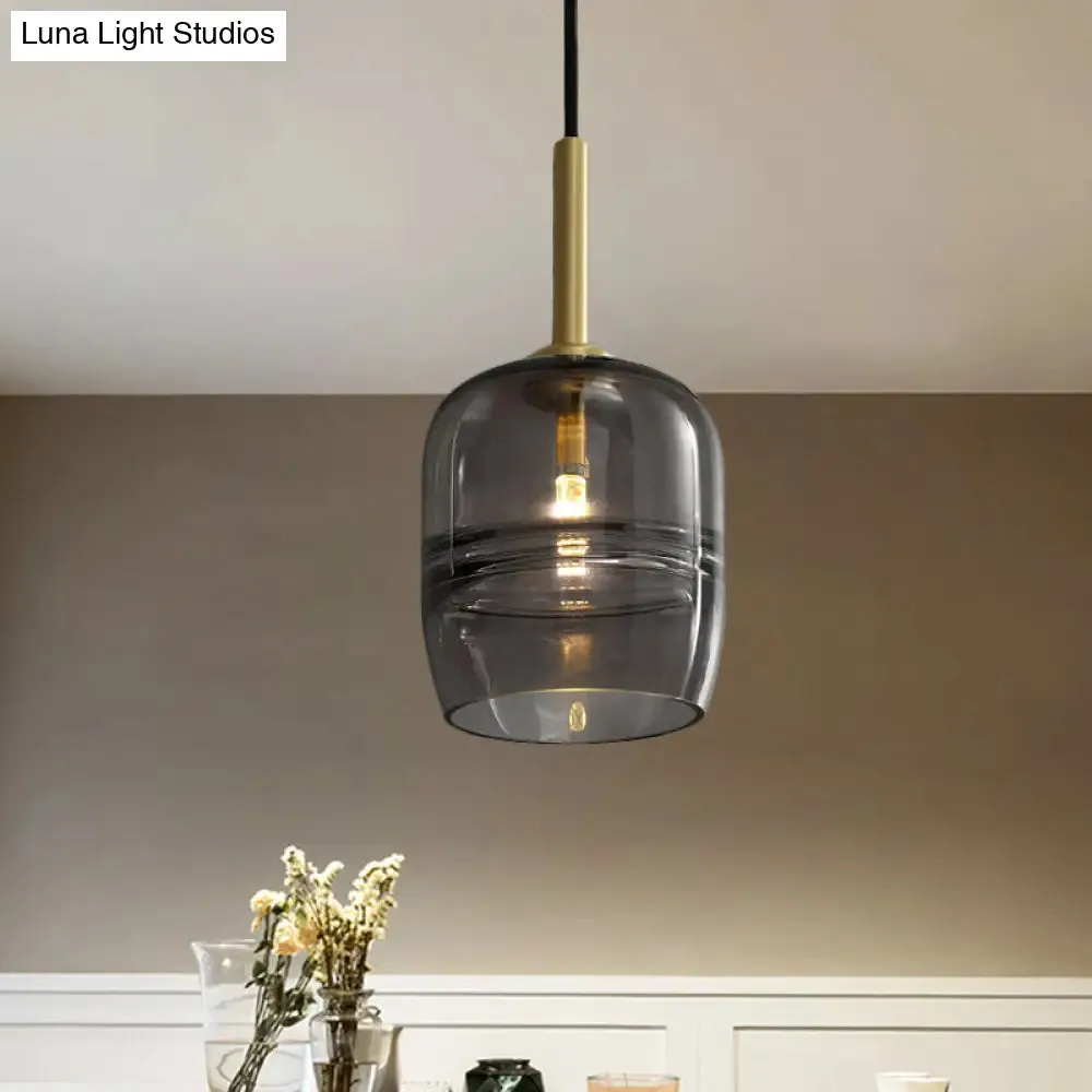 Minimalist Ruffle Pendant Light in Clear/Smoke Gray Glass - Bedside Hanging Lamp Fixture, Brass Finish