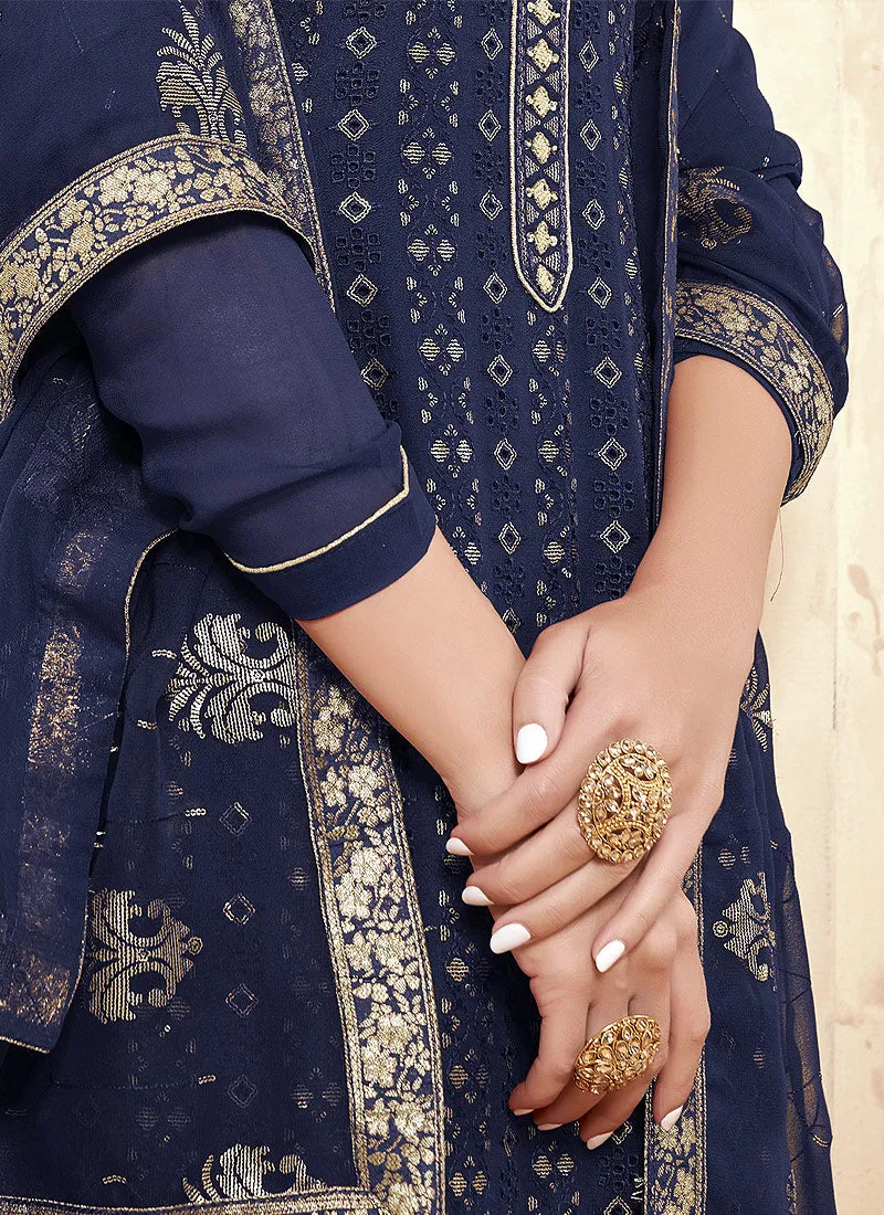 Navy Blue Sequence Embroidered Pakistani Pant Suit