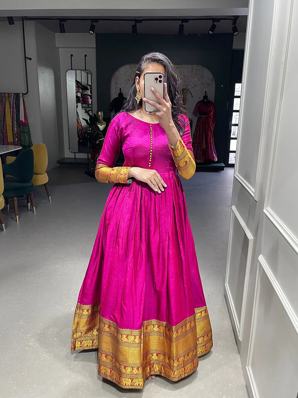 Pink Color Zari Weaving Work Narayan Pet Cotton Gown