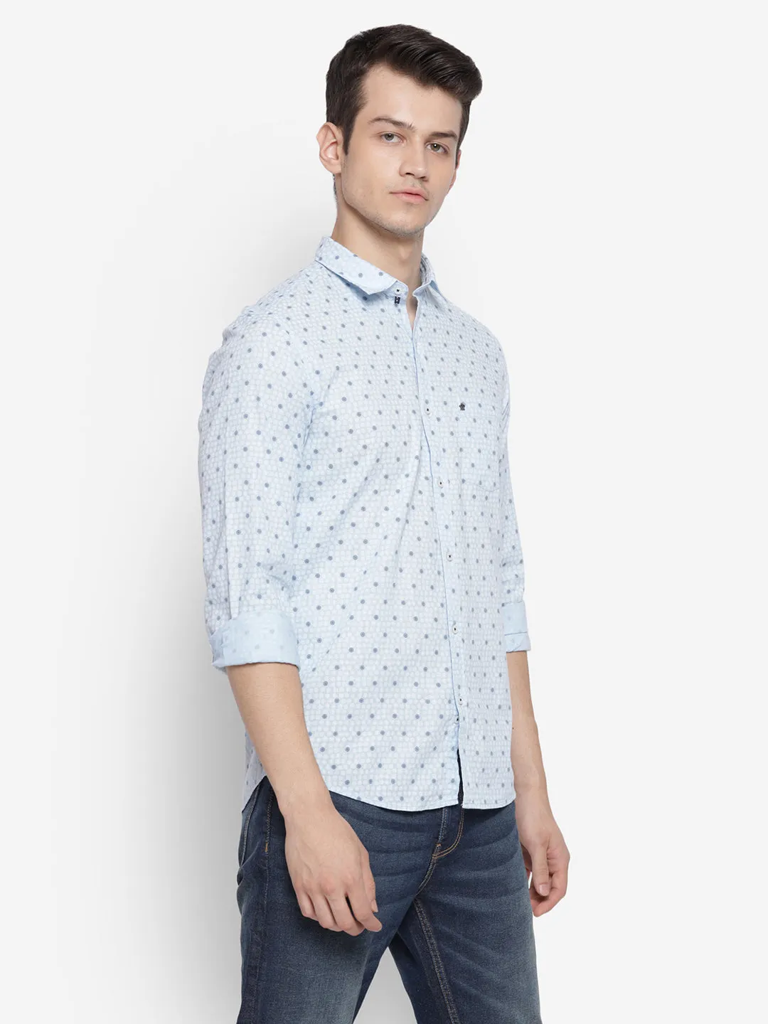 Printed Sky Blue Slim Fit Causal Shirt