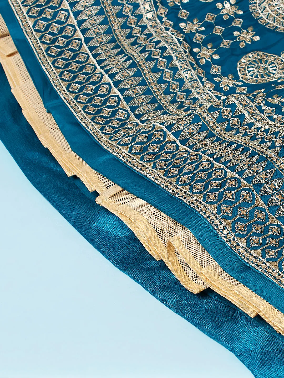 Teal - Pure Georgette Embroidered Semi-Stitched Lehenga