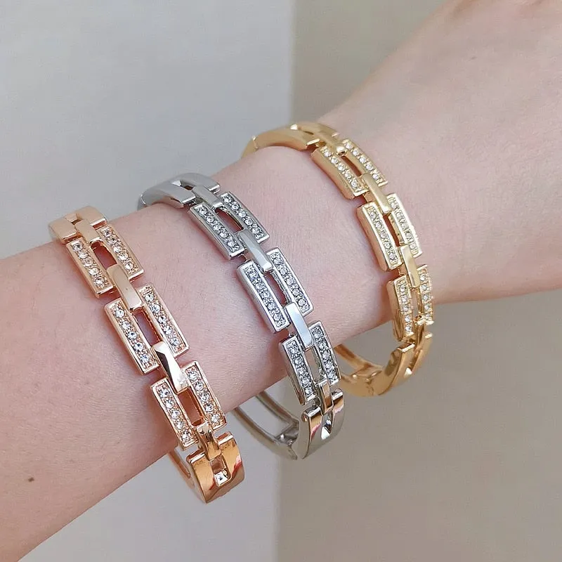 Trendy Jewelry Charm Cuff Bangle Bracelet for Women with Rhinestone in Rose Gold Color