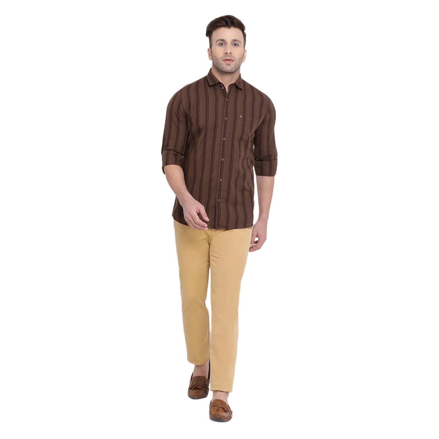 Turtle Men Brown Cotton Striped Slim Fit Shirts