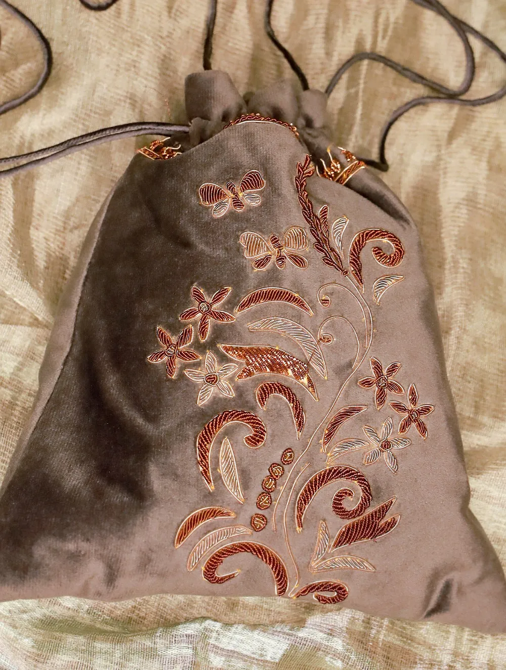 Zardozi and Resham Embroidered Evening Potli Bag - Grey Floral