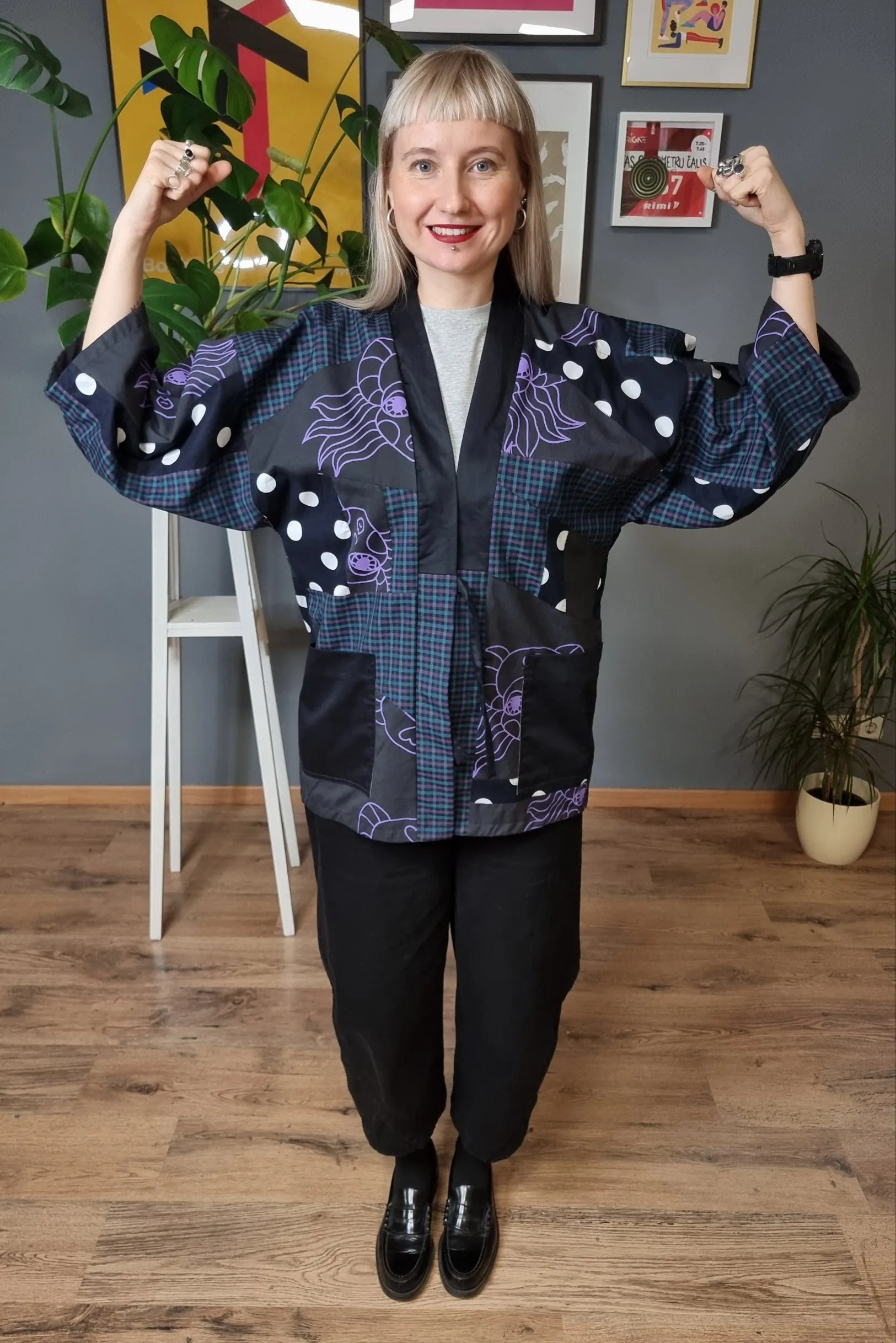 Zero Waste Patch Work Hanten Jacket in Cotton and Linen with Cotton Satin Lining in Purple and Dark Blue