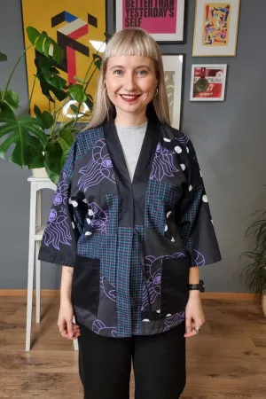 Zero Waste Patch Work Hanten Jacket in Cotton and Linen with Cotton Satin Lining in Purple and Dark Blue